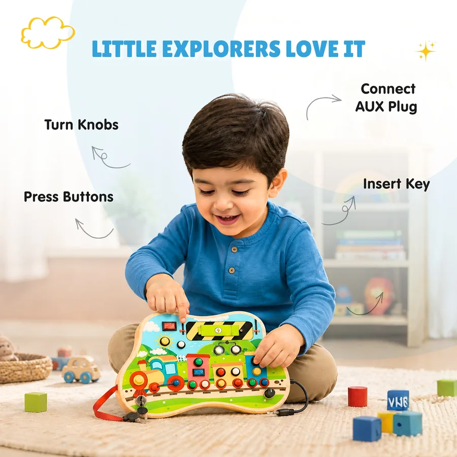 Toddler exploring the ChooChoo busy board on the floor