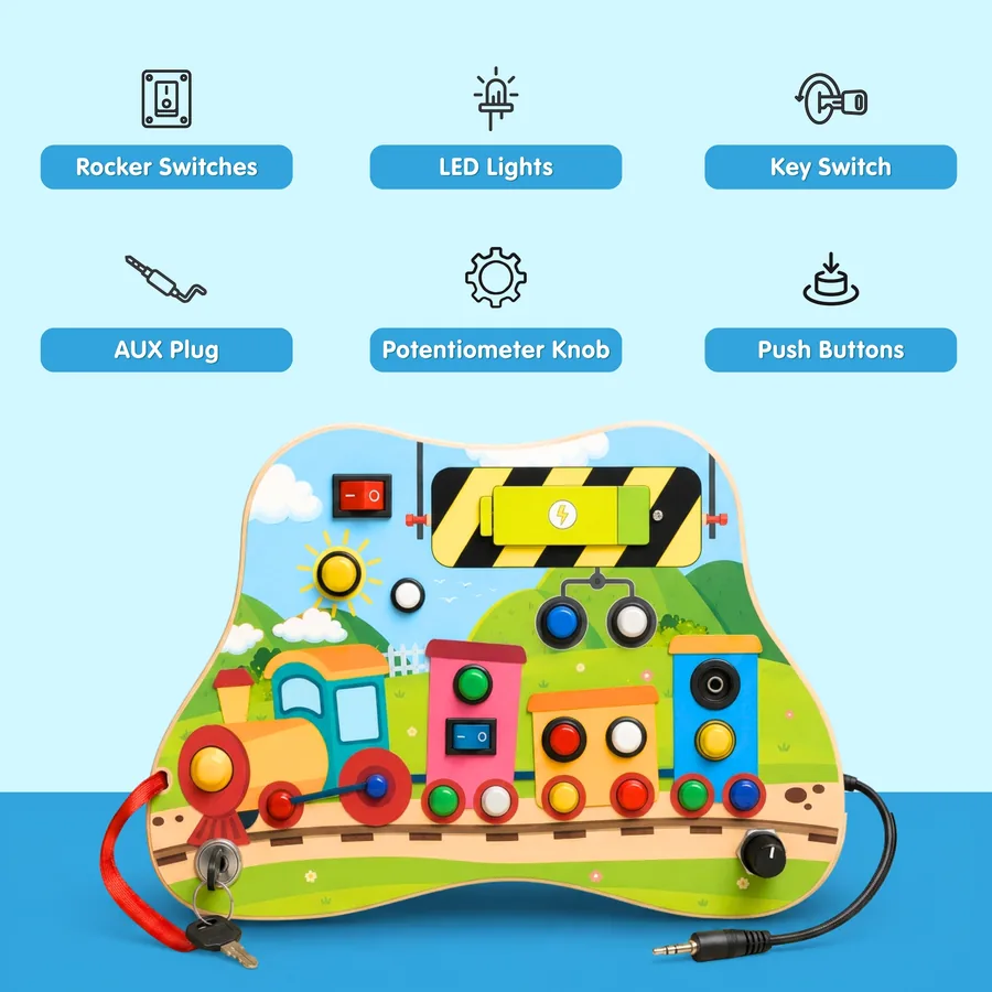 The six interactive elements on the ChooChoo board — rocker switches, LED lights, key switch, AUX plug, knob and push buttons