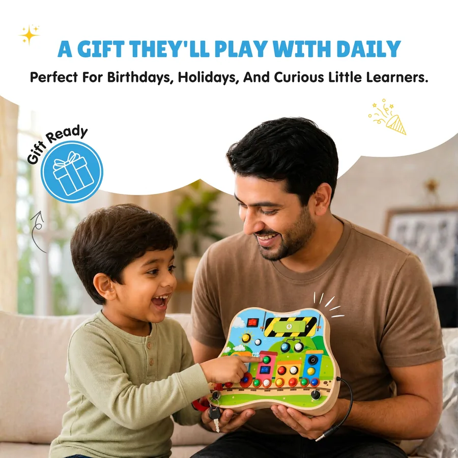 Father and son enjoying the ChooChoo busy board together, a gift they play with daily