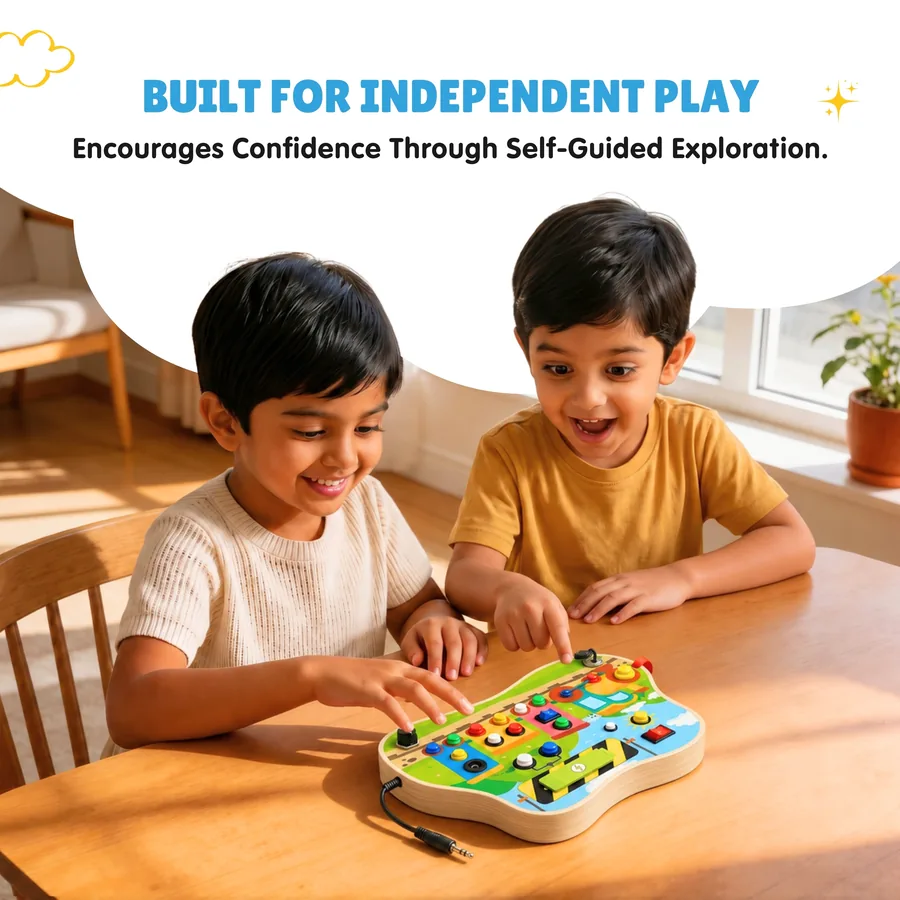 Two children happily playing the ChooChoo busy board together at a table