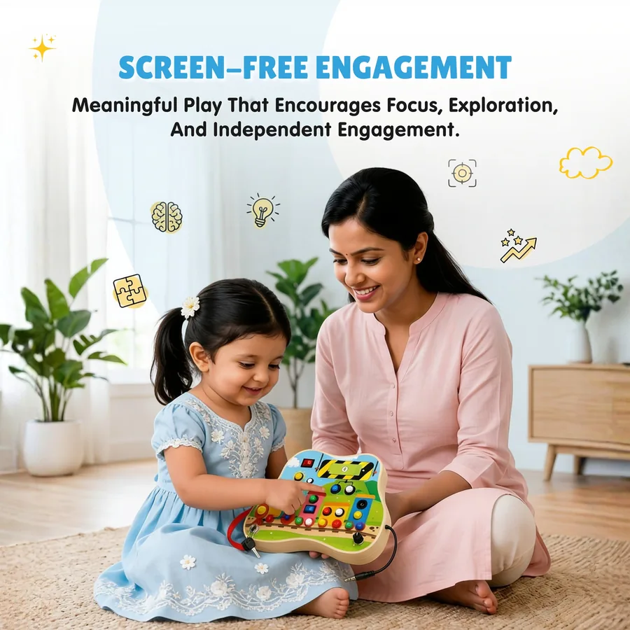 Mother and toddler enjoying screen-free play with the ChooChoo board at home