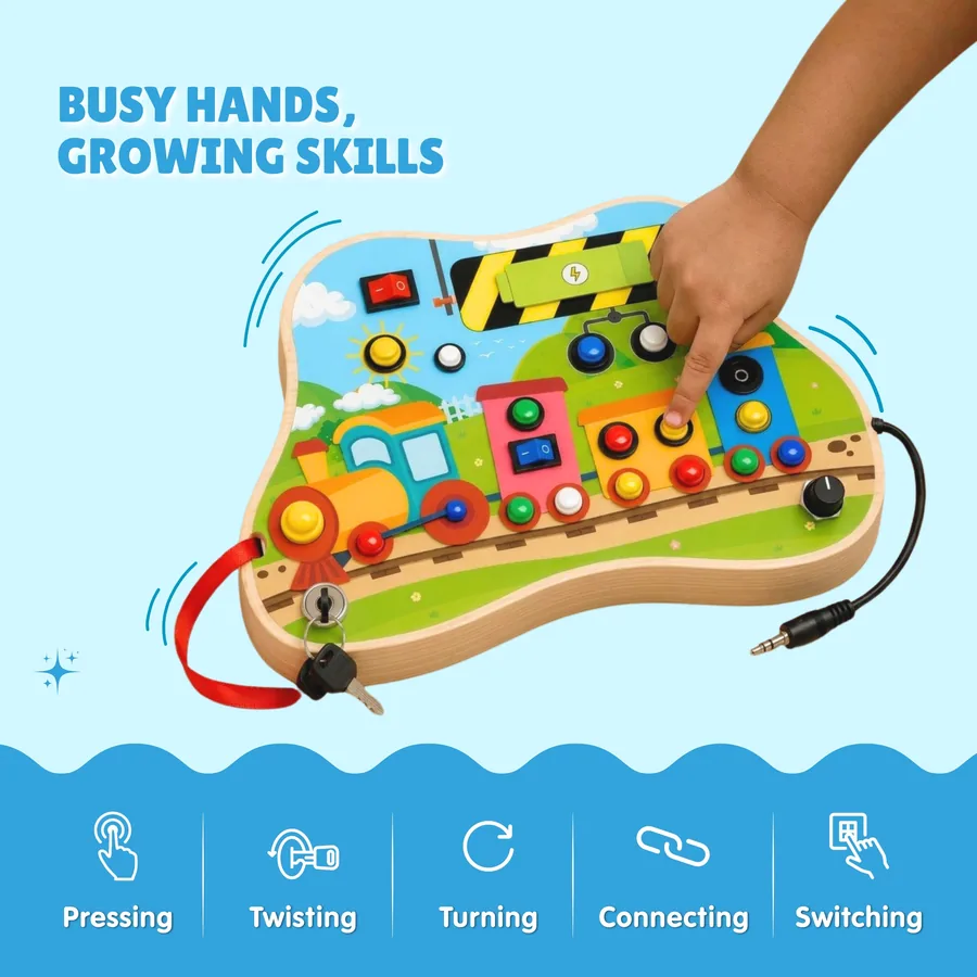 Child's hand pressing the buttons, building fine motor skills on the ChooChoo board